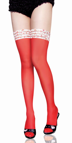 Red Translucent Chiffon Stockings With 3 Flower Delicate Stripes